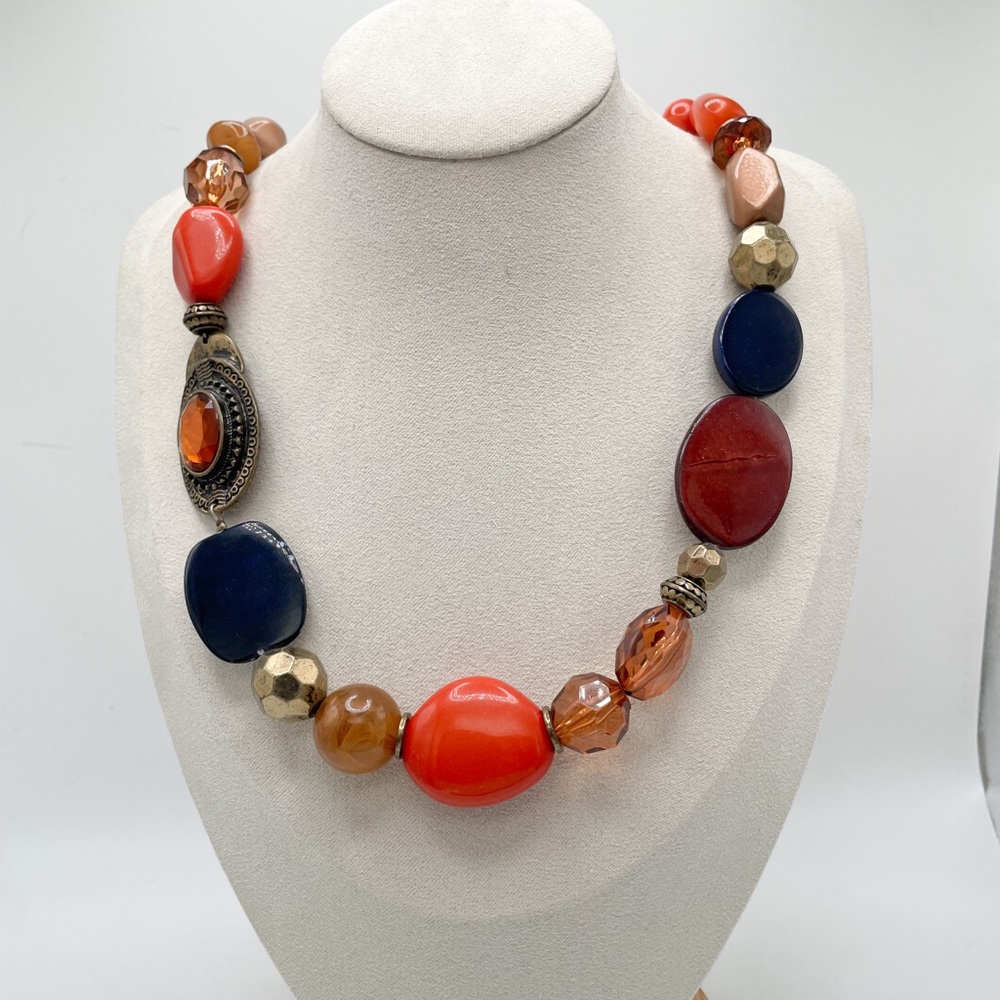 Vintage Bohemian Fire: Chunky Artisan Bead Necklace in Red, Navy & Bronze